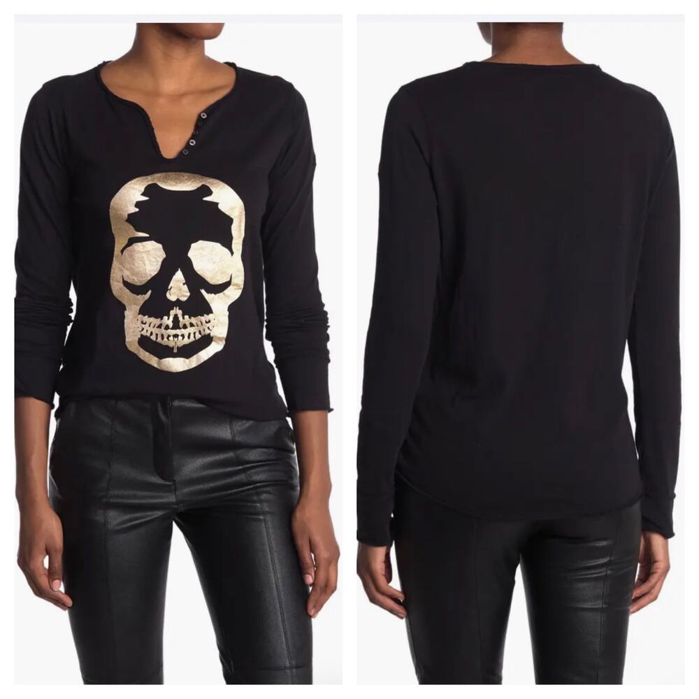 Zadig And Voltaire Foil Skull Print Henley Women Small Long Sleeve Tee Halloween